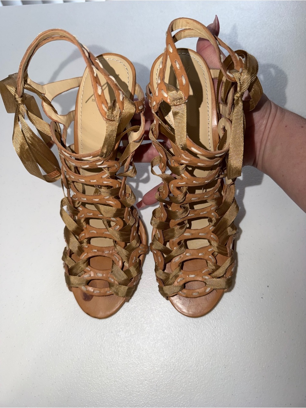 Brian Atwood Tan Leather & Grosgrain Ribbon Lace-Up Heels size 9